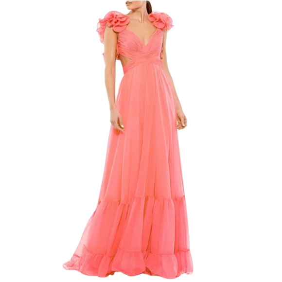 Mac Duggal Ruffle Sleeve V-Neck A-Line Gown in‎ Coral Size 0 - Picture 1 of 4